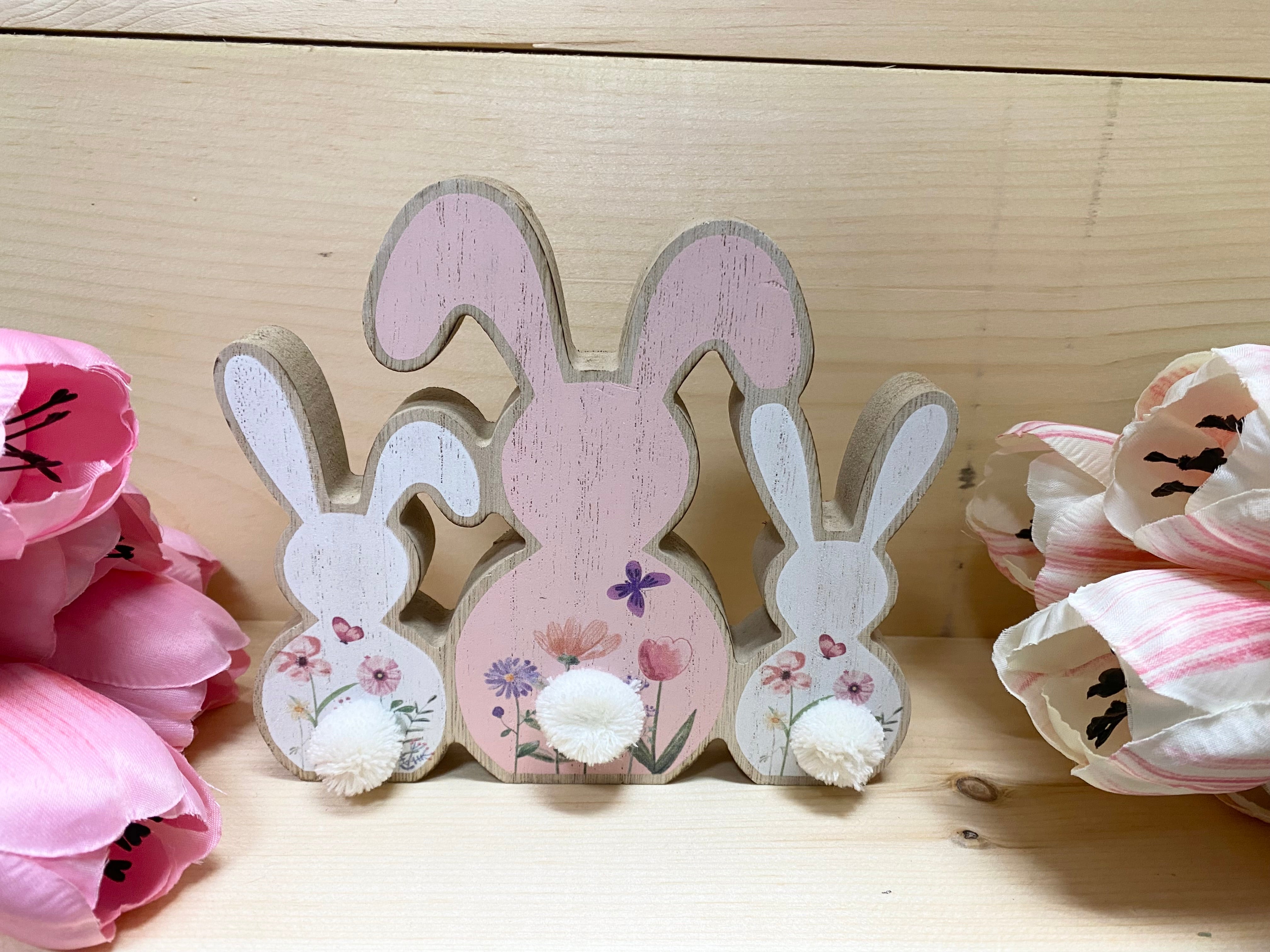 Three Wooden Bunnies with Pom-Pom Tails