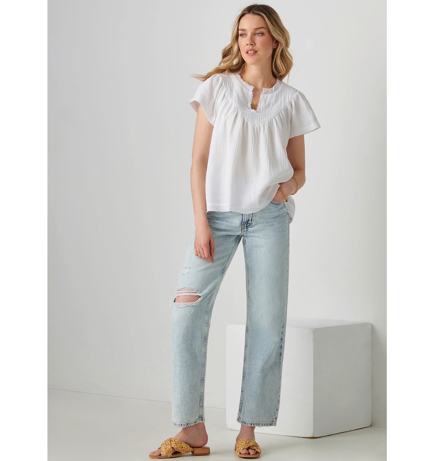 Cotton Gauze Ruffle Sleeve Top