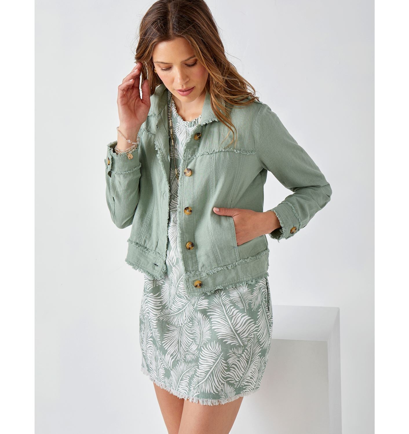 Relaxed Linen-Blend Jacket, Sage