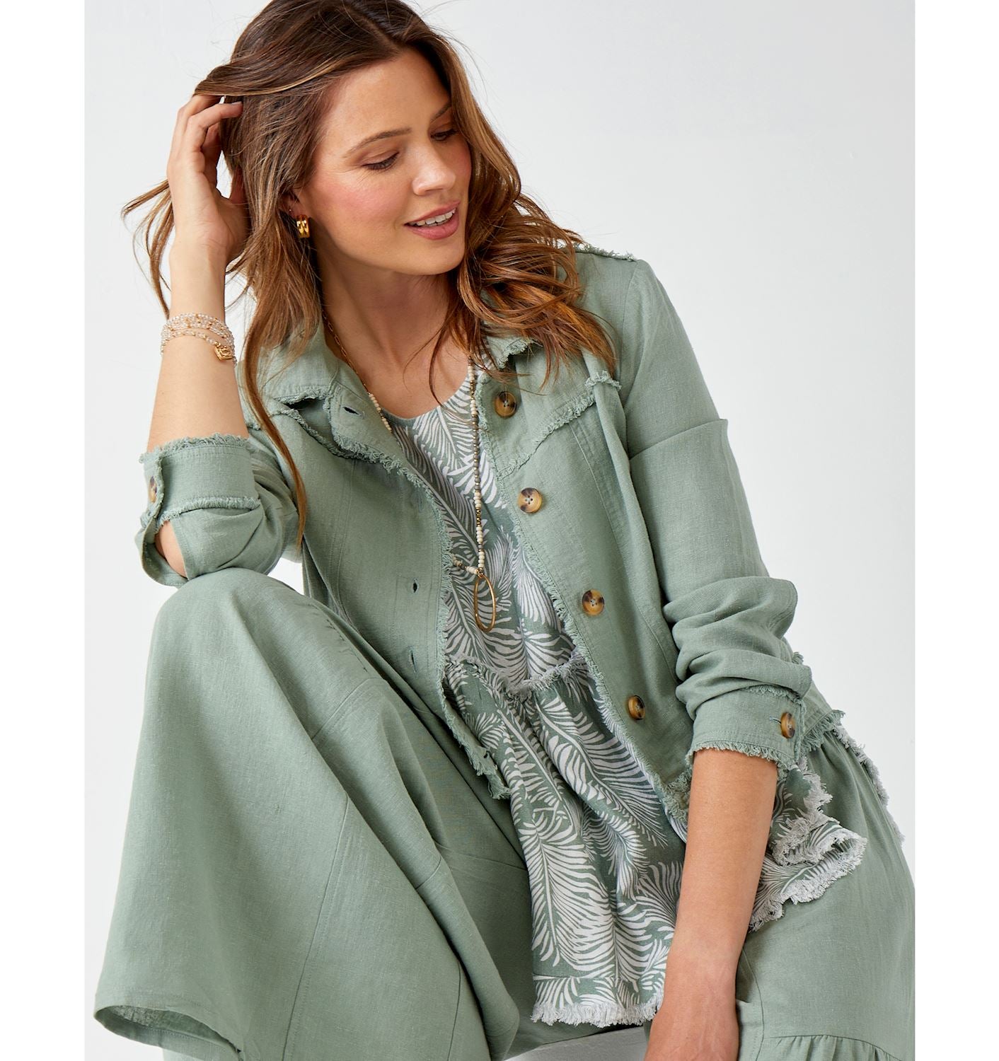 Relaxed Linen-Blend Jacket, Sage