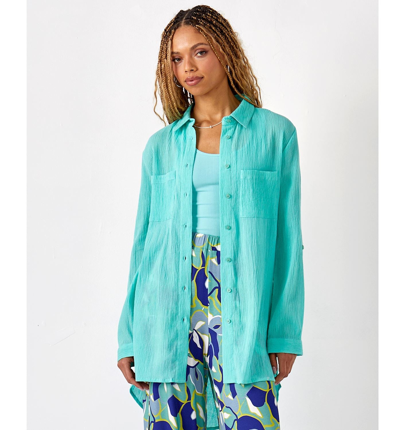 Aqua Crinkled Button Down Shirt